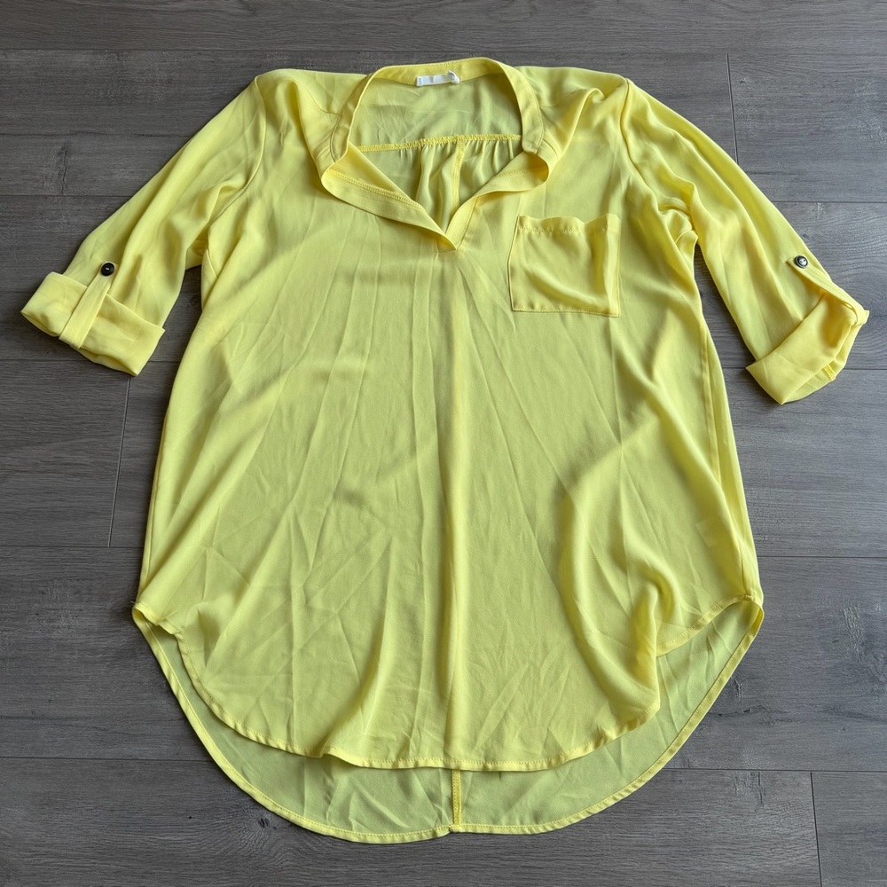 Lush 3/4 Sleeves Roll Tab Tunic Blouse - lemon yellow - size large